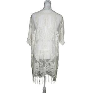 Maurice's Women's Lace Embroidered Open Cardigan White Tassles Large 100% Cotton
